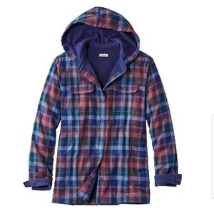 LL Bean Fleece lined Flannel Hoodie Black Plum